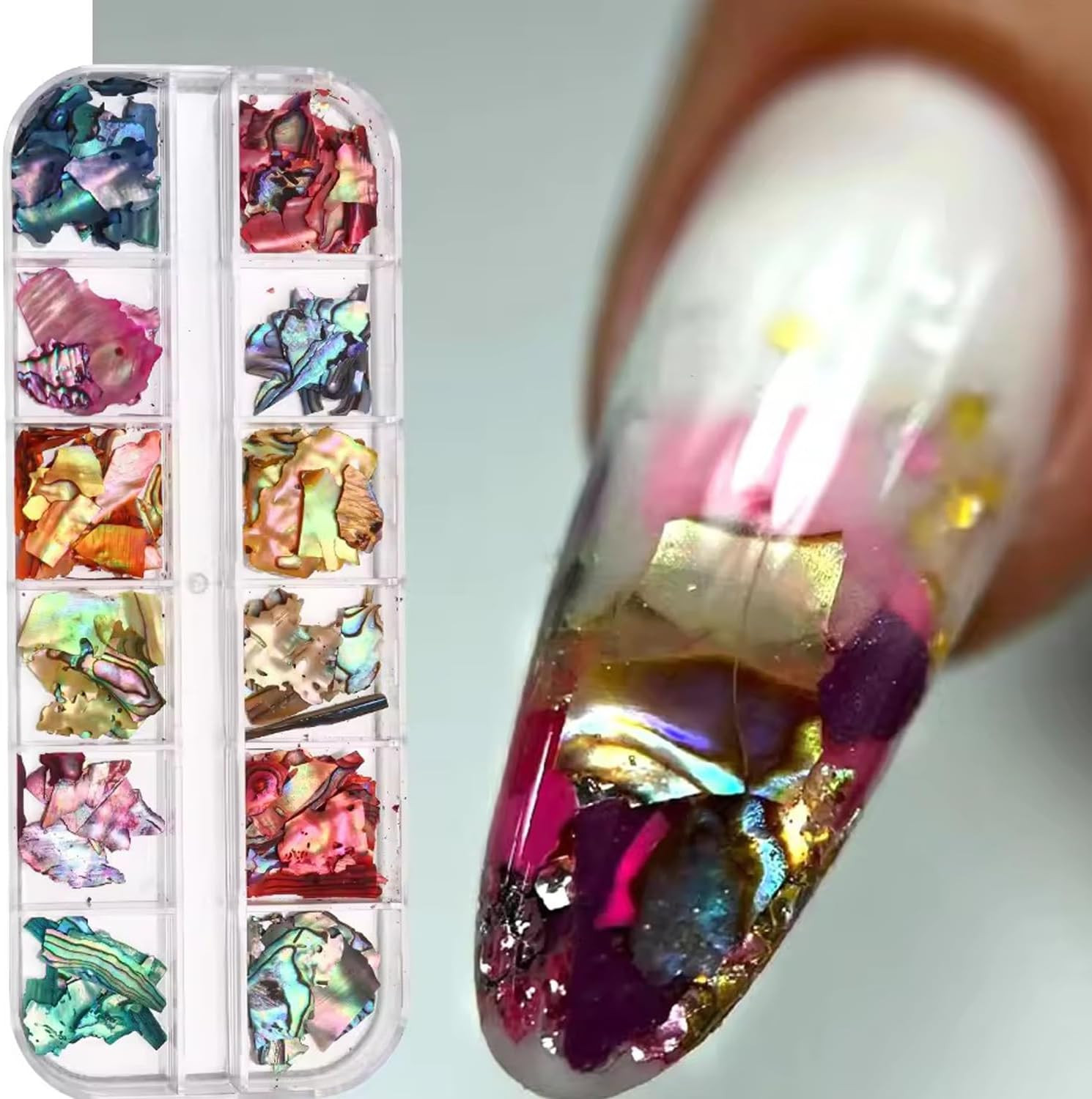 12Grids Nail Art Aurora Abalone Shell Flakes, Shiny Irregular Sea Shell 3D Charm