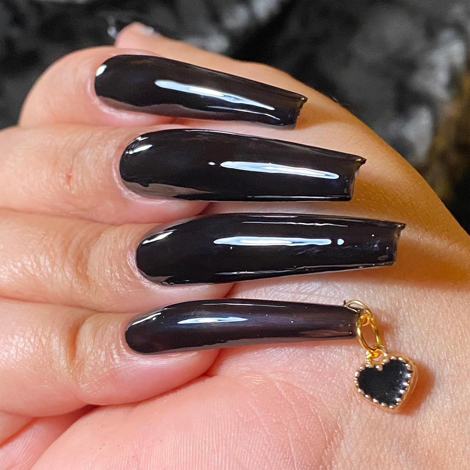 XXXL Extra Long Press on Nails Coffin Glossy Black Fake Nails Full Cover