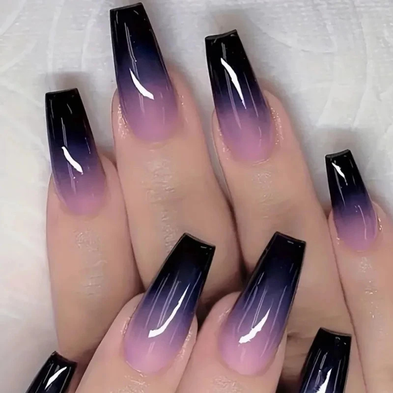 24 Pcs Long Coffin Square Press On Nails Purple Blue Gradient Fake Nails Full