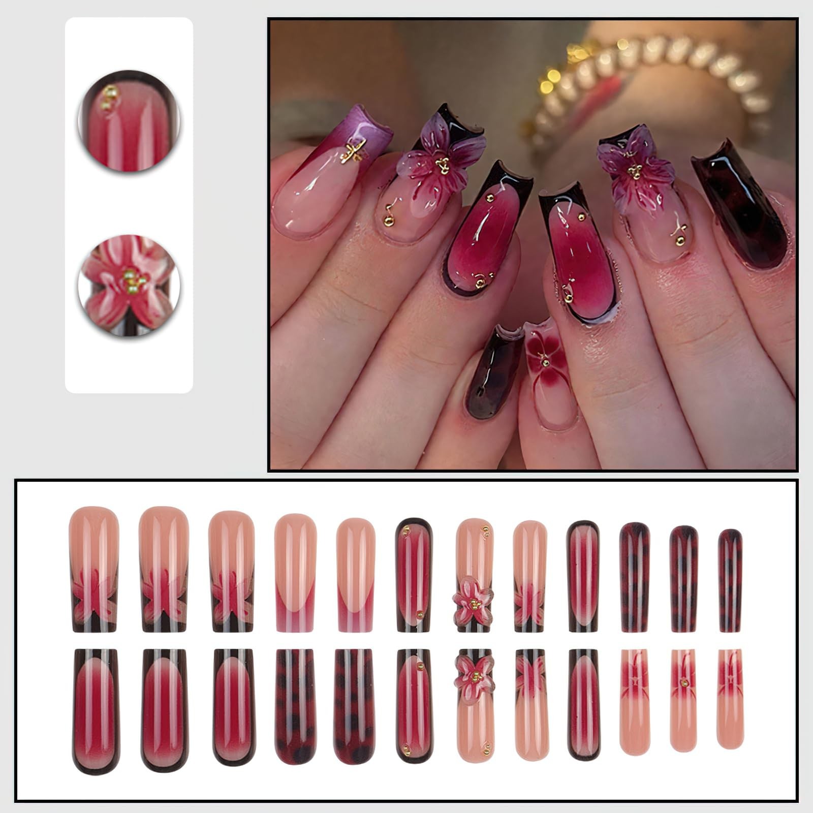 Jremg 3D Floral Press on Nails Medium Square Fake Square, Multicolor