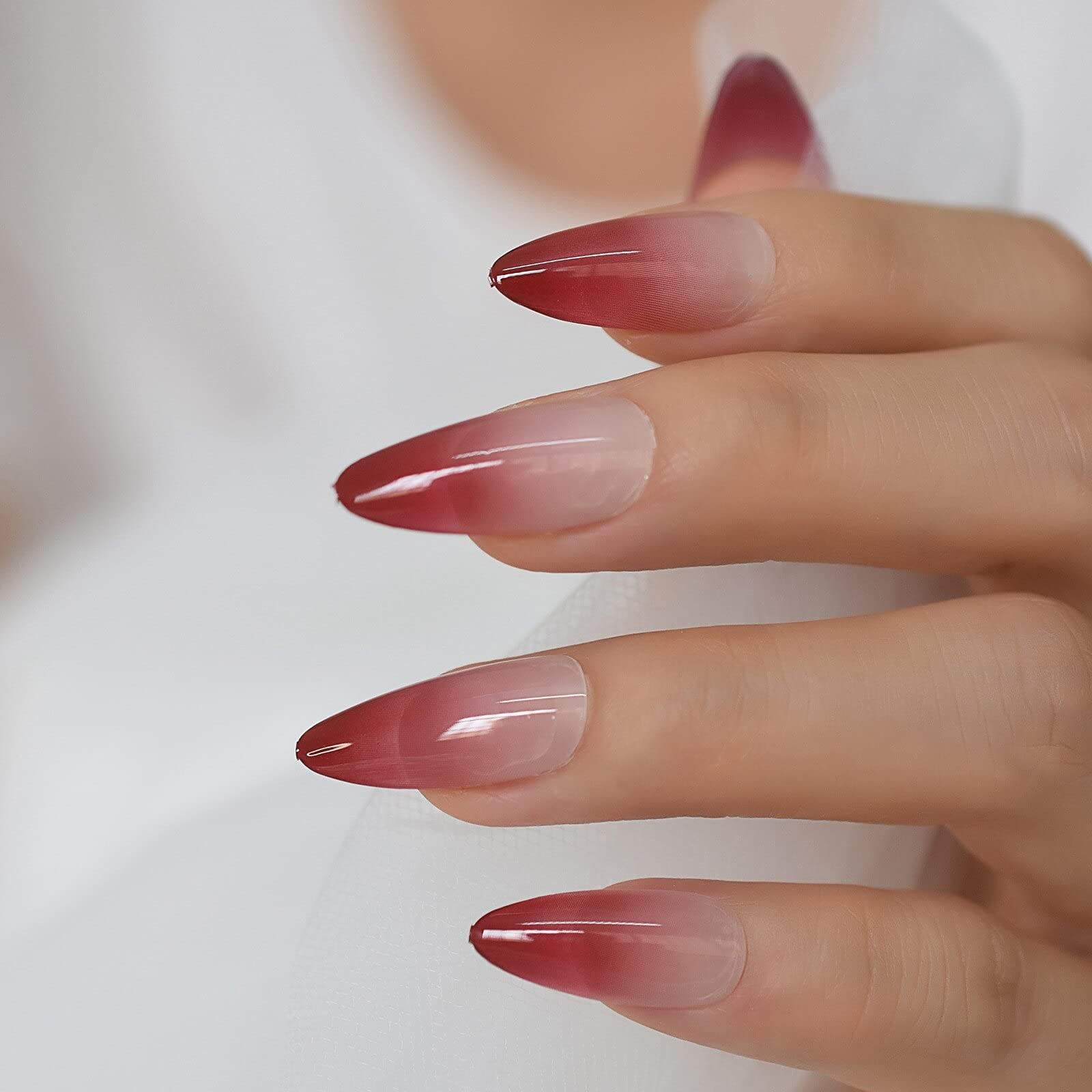 24PCS Fake Nails Ombre Dark Red Medium Long Reusable French False Nails Almon…