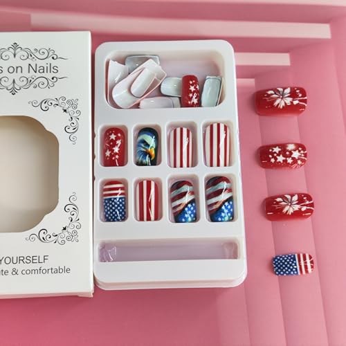 4th of July Press on Nails Medium Square Fake Nails with 4th of July Nails