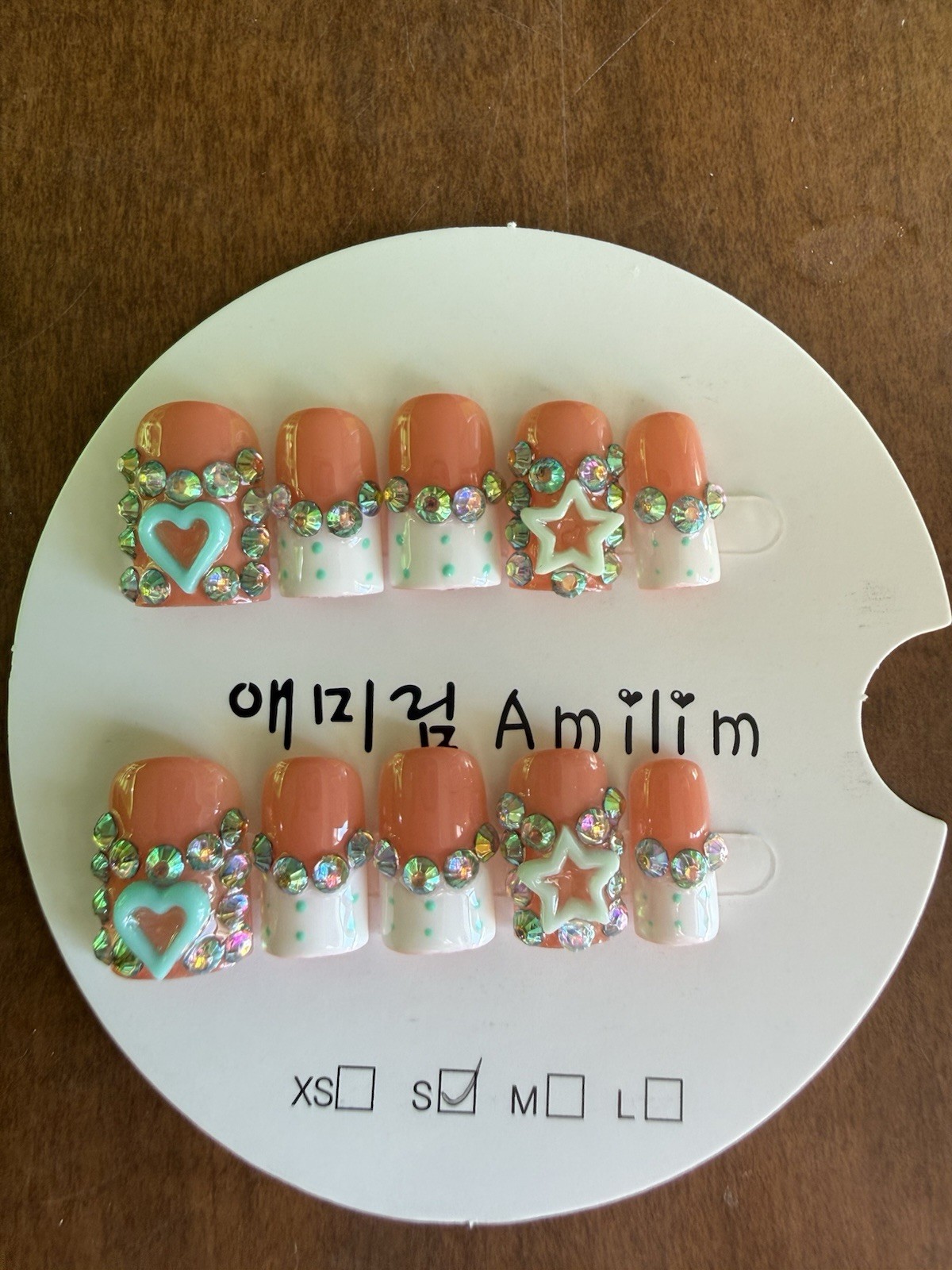 Amilim Press-On Nails Short Square Peach White Green 3D Heart Star Pre-Designed