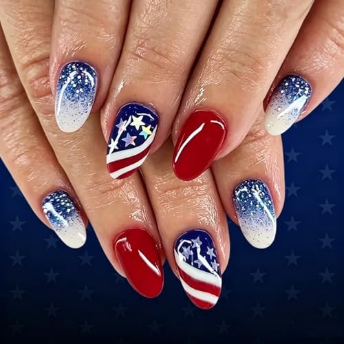 4th of July Press on Nails – Red, White, Blue Glitter – Short Style – 31