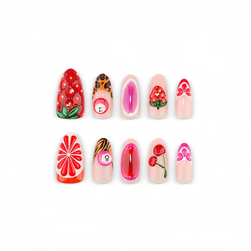 60Pcs Fruit Billiard Leopard Oval Press on Nails,Cute Y2K Summer Nude Fake Nails