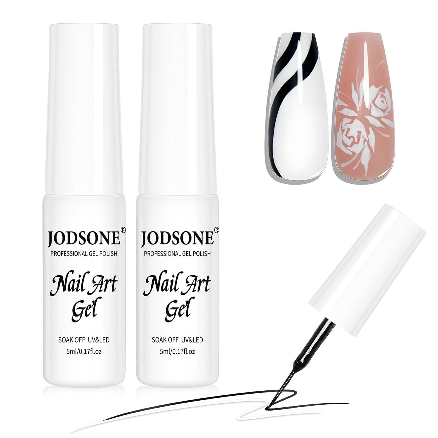 Glossy Black & White Gel Nail Art Set with Precision Brush – DIY Salon Quality