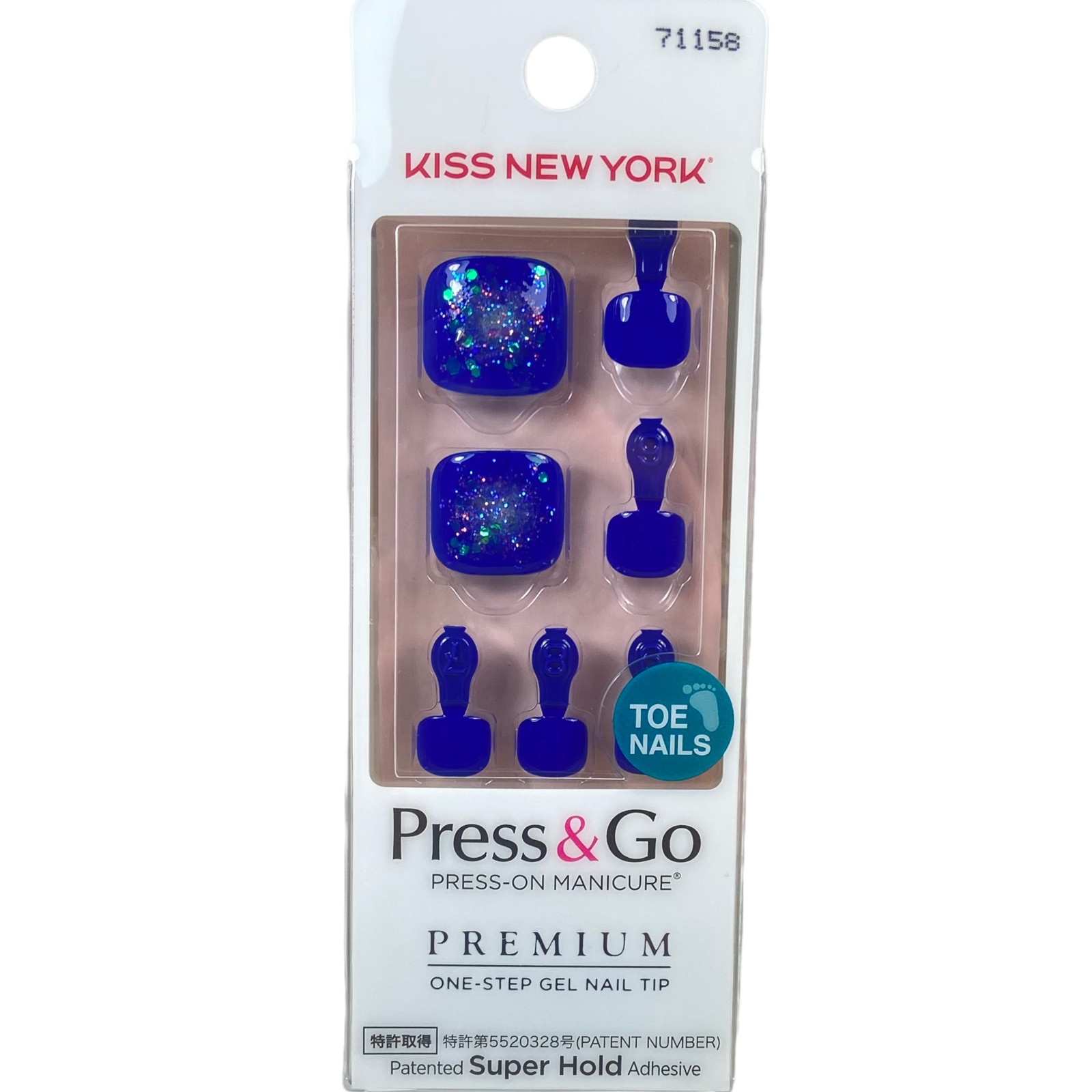 NEW Kiss Nails Impress Press On Pedicure Short Gel Royal Blue Glitter Toe Nails