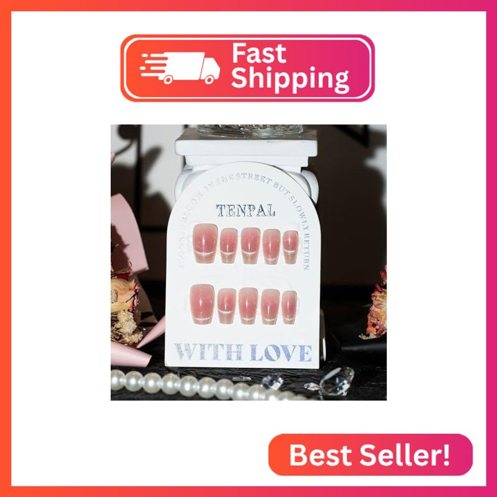 TENPAL Handmade Press on Nails Medium,Peach Pink Cat Eye Coffin Nails, Removable