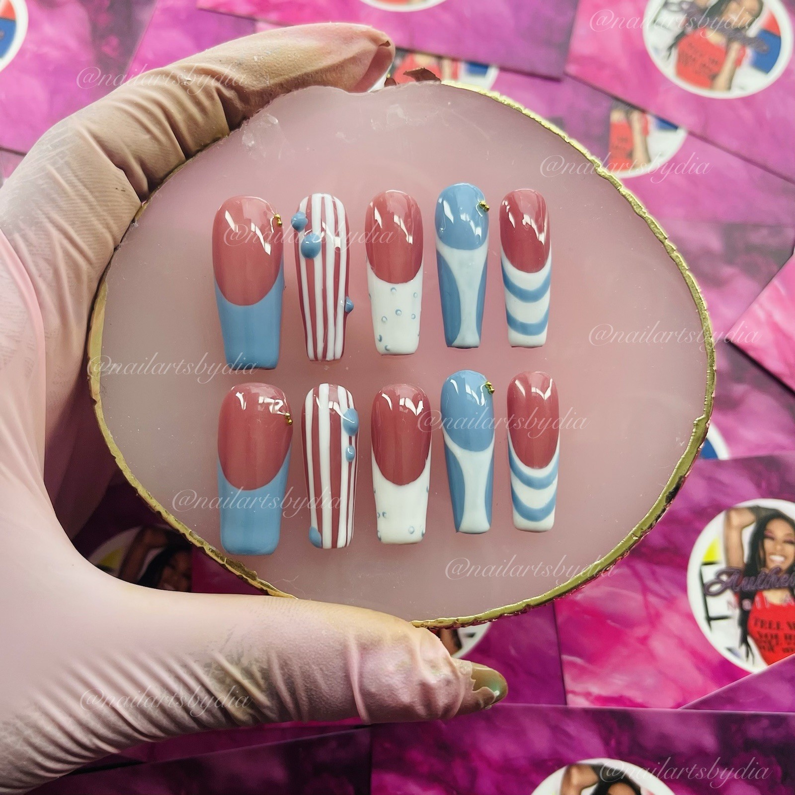 Authentic Nail Arts by Dia Long Square Press-On Nails Pink Blue White Shiny