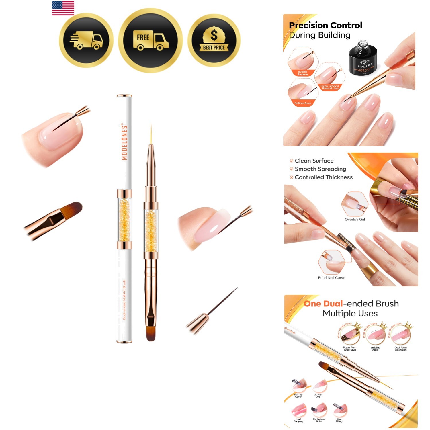 2PCS Dual Ended Builder Gel Brush for Nail Extension French Tip Brush Liner H…