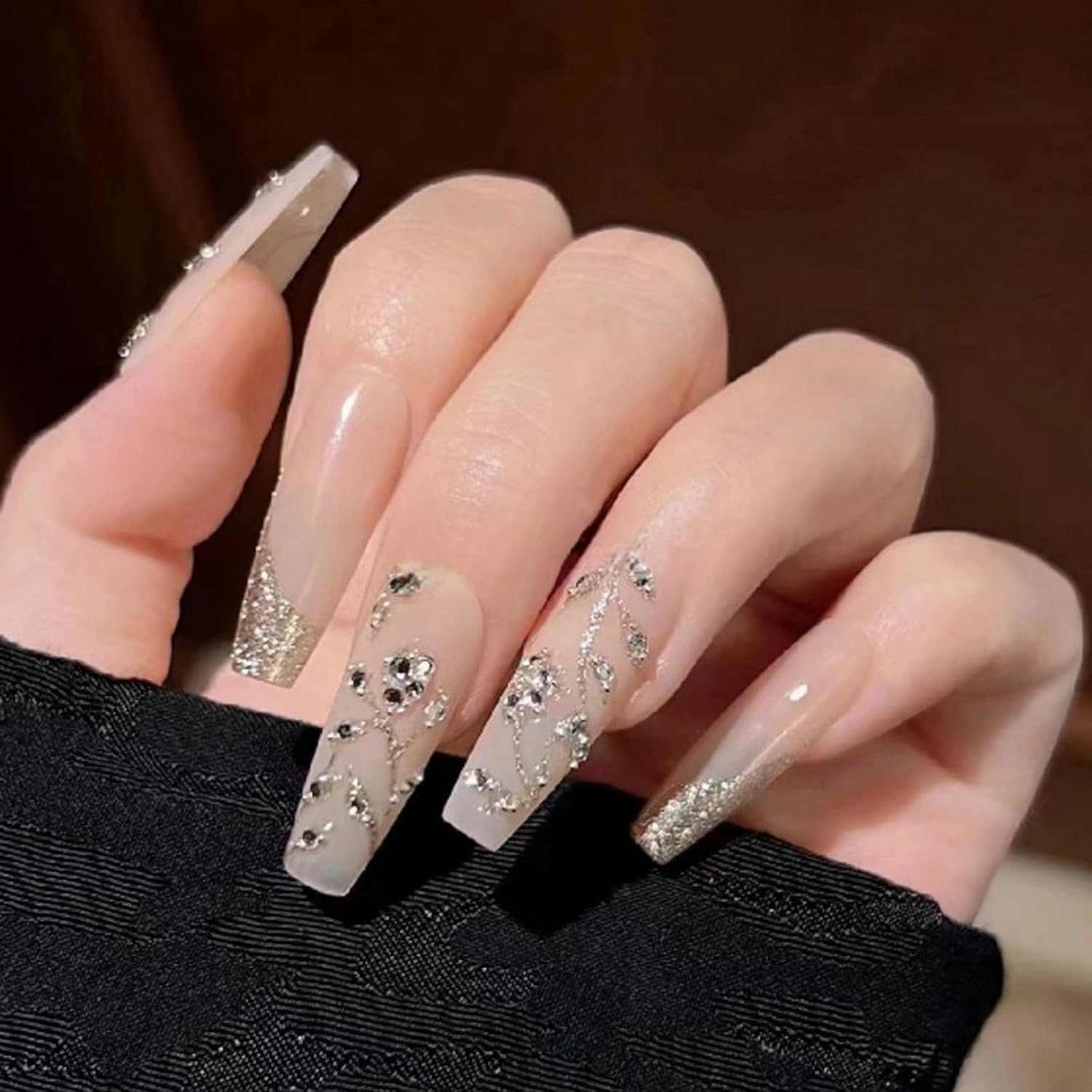 MISUD Long Coffin Press-On Nails with Bling Glitter Rhinestone, 24 Pcs