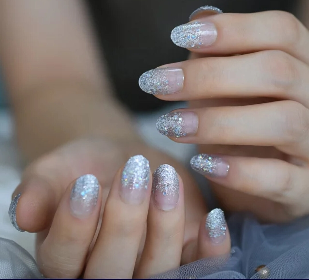 24 Short Press on nails kit w glue Cinderella Ombre silver glitter clear holo