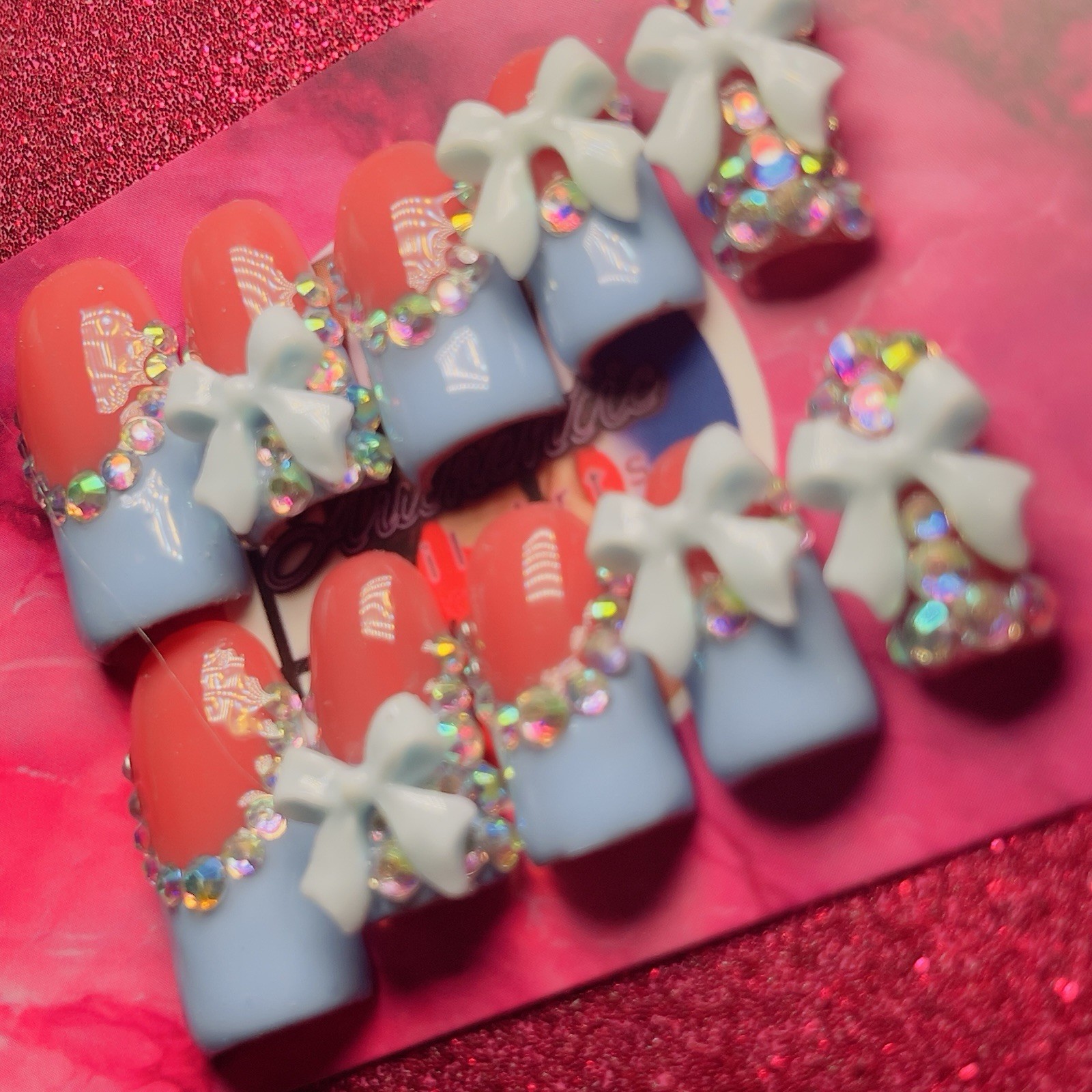 Baby Blue 3D Bow Crystal Press-On Nails Short Square 10pcs