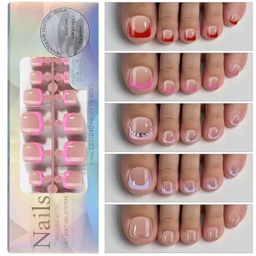 French Toe Nail Tips Press on Toenails，120Pcs 5 Style Soft Gel Toe Nail Press