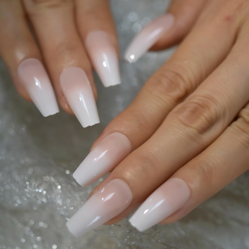 Press On Nails Long Coffin Ombre Pink French Tip Manicure Baby boomer