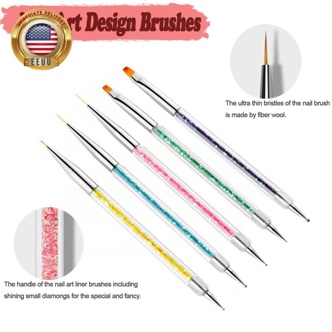 Nail Art Brushes, 5Pcs Double-Ended Acrylic Nail Brush Including 7/9/11Mm Nail L