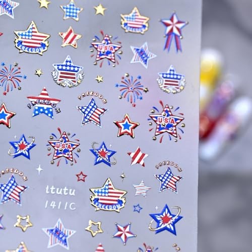 4th of July Nail Stickers Metallic Gold Star Decals – Red White – Color A43