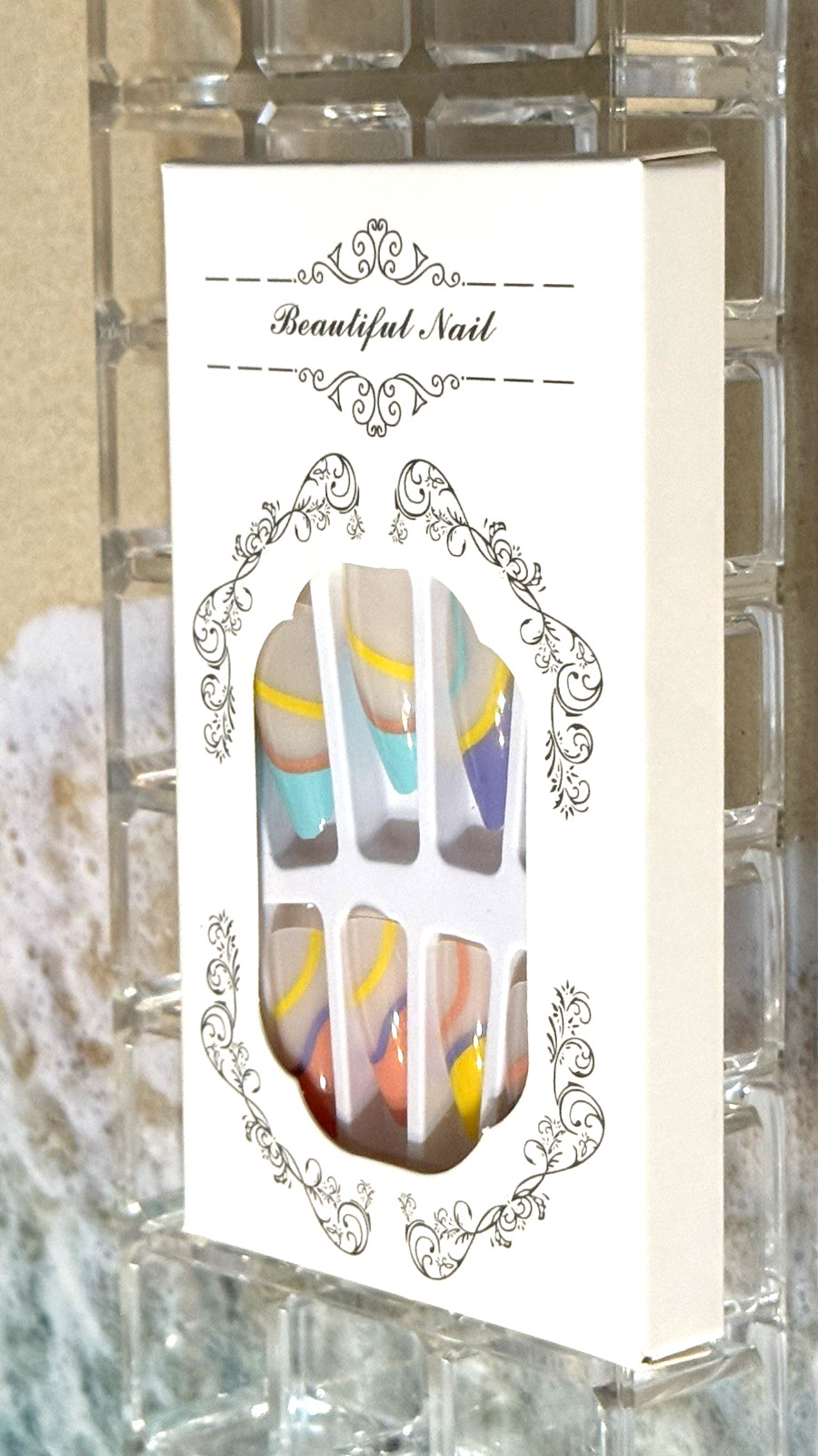 Beautiful Nail MILKY WHITE FRENCH with COLORFUL SWIRLS Press On Mani Long Almond