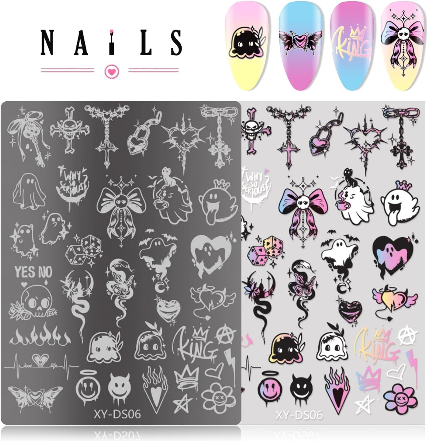4Pcs Gothic Cute Nail Stamping Plate Set – Dark Kawaii Art 1.4 inches