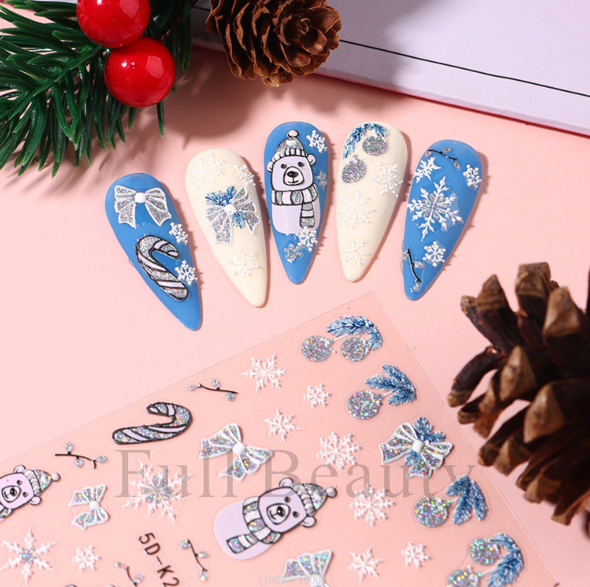 5D Embossed Christmas Snowflake French Santa Star Nail Art Sticker Manicure NH24