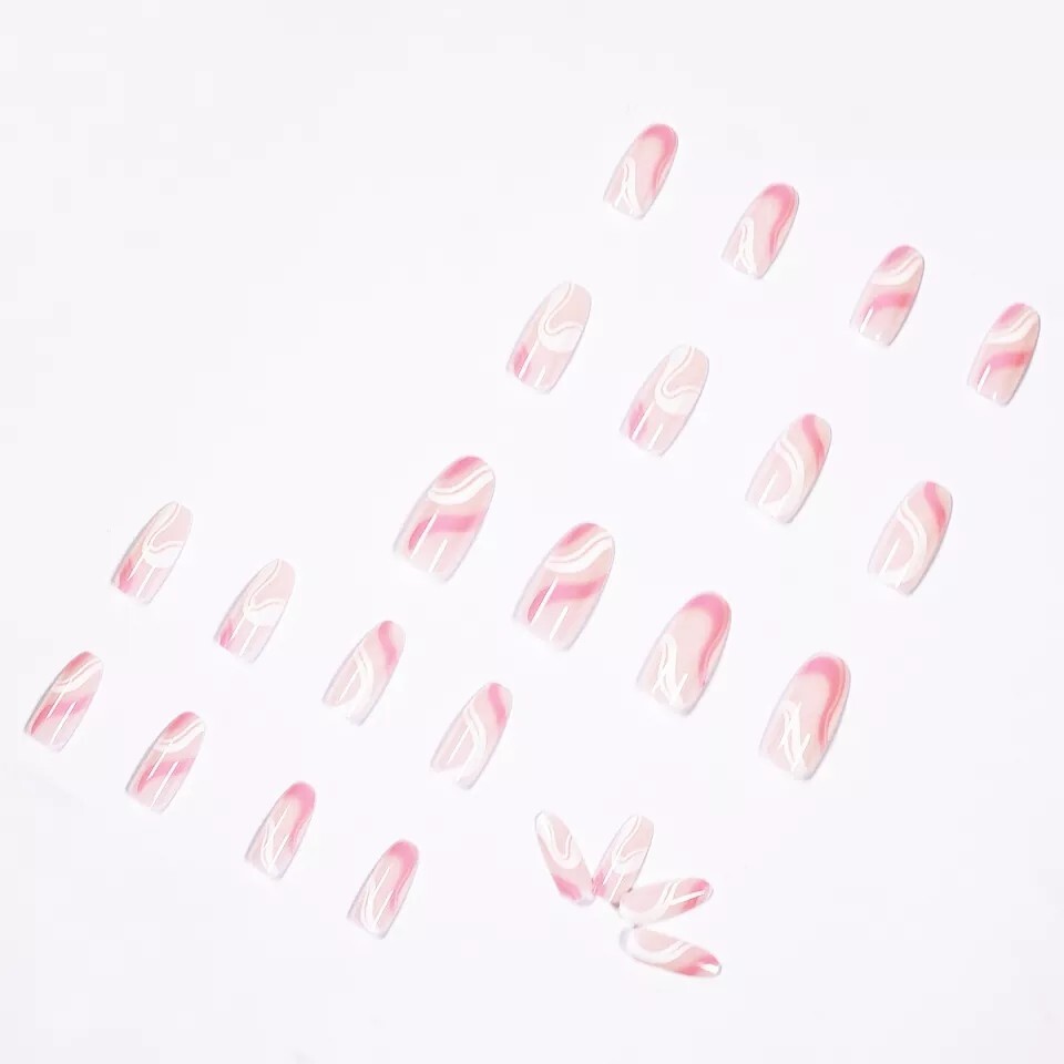 24 Pink White Swirl Press on nails kit with glue groovy wavy 70s retro nude