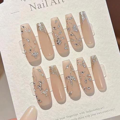 MISUD Long Coffin Press-On Nails with Bling Glitter Rhinestone, 24 Pcs