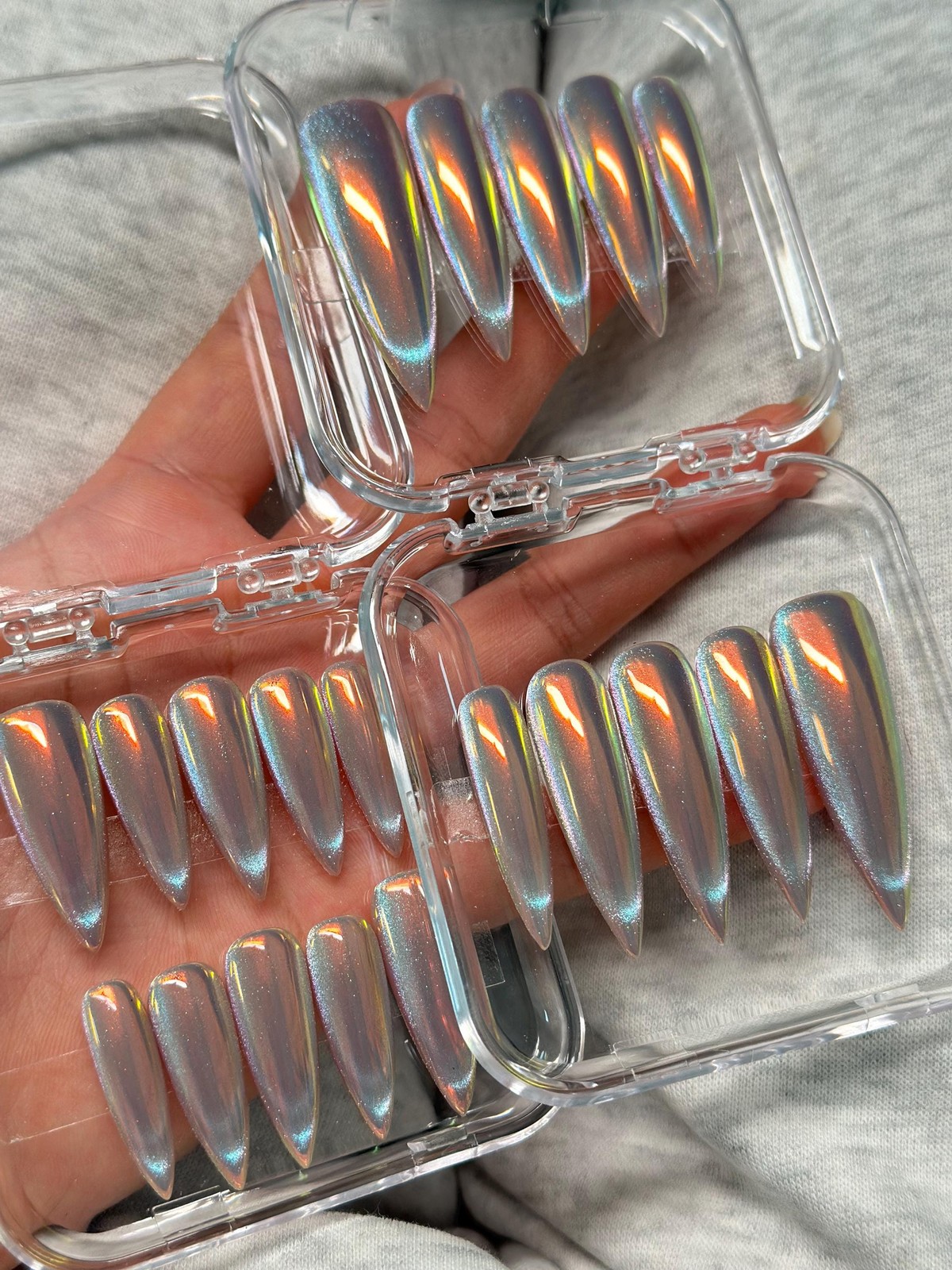 Custom Handmade Silver Holographic Chrome Long Stiletto Press on Nails