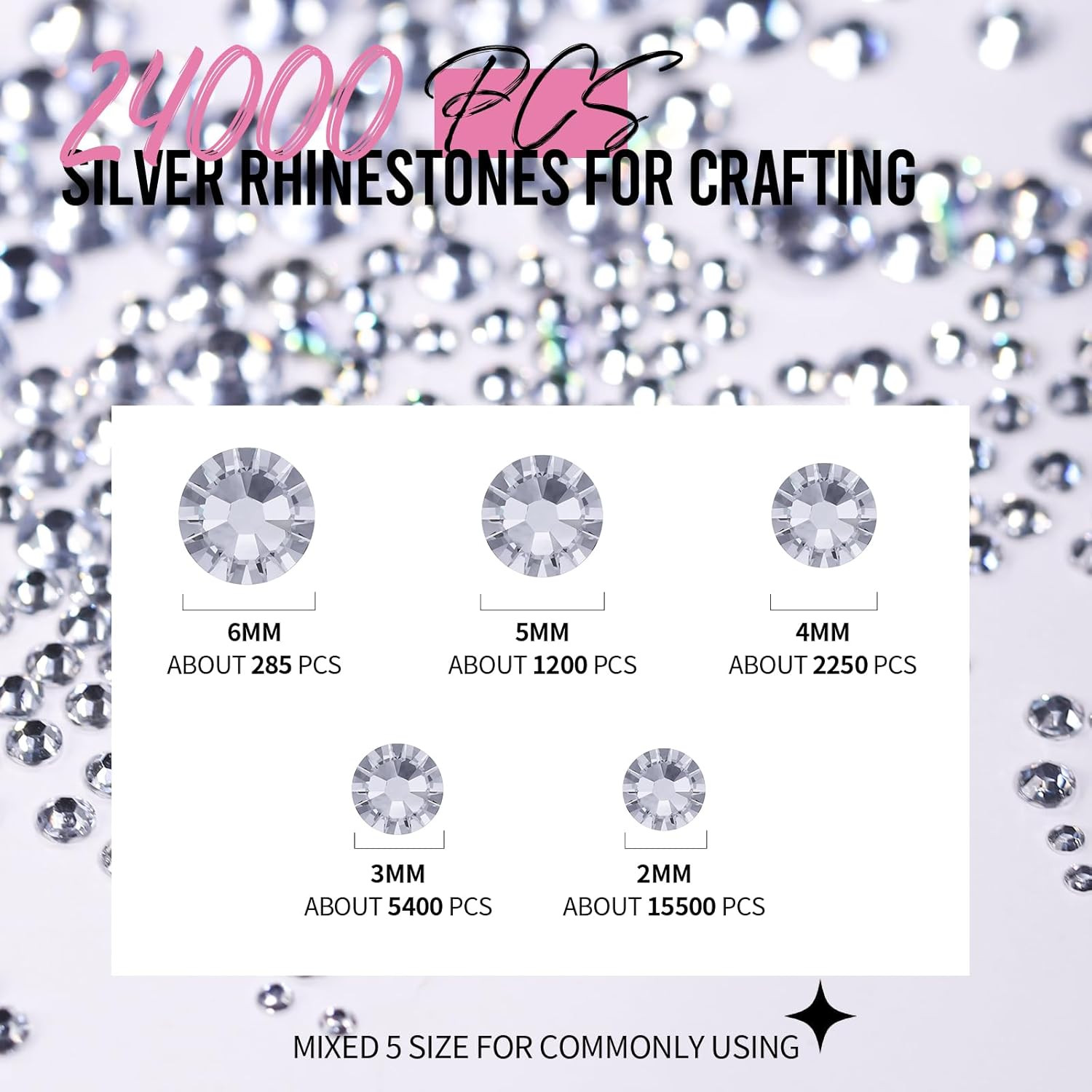 24000Pcs Silver Rhinestone Kit, Resin Rhinestones for Crafting, Multi-Colored Fl