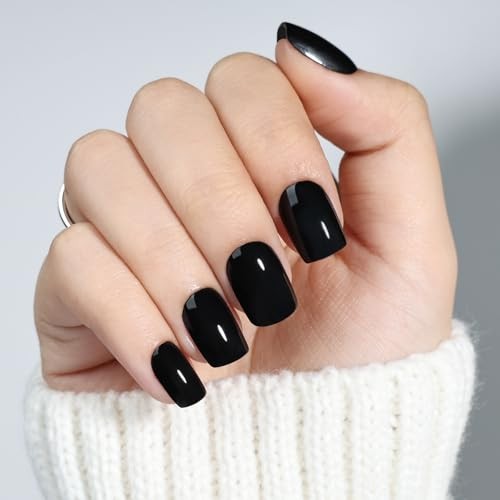 30pcs Black Press On Nails Short Square Glossy Acrylic Gel Fake Nails 15 Sizes