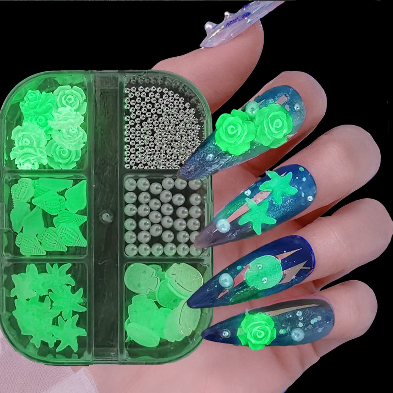 Luminous Nail Decorations – Mixed Flowers Conch Starfish Skull Pearl Glitter …