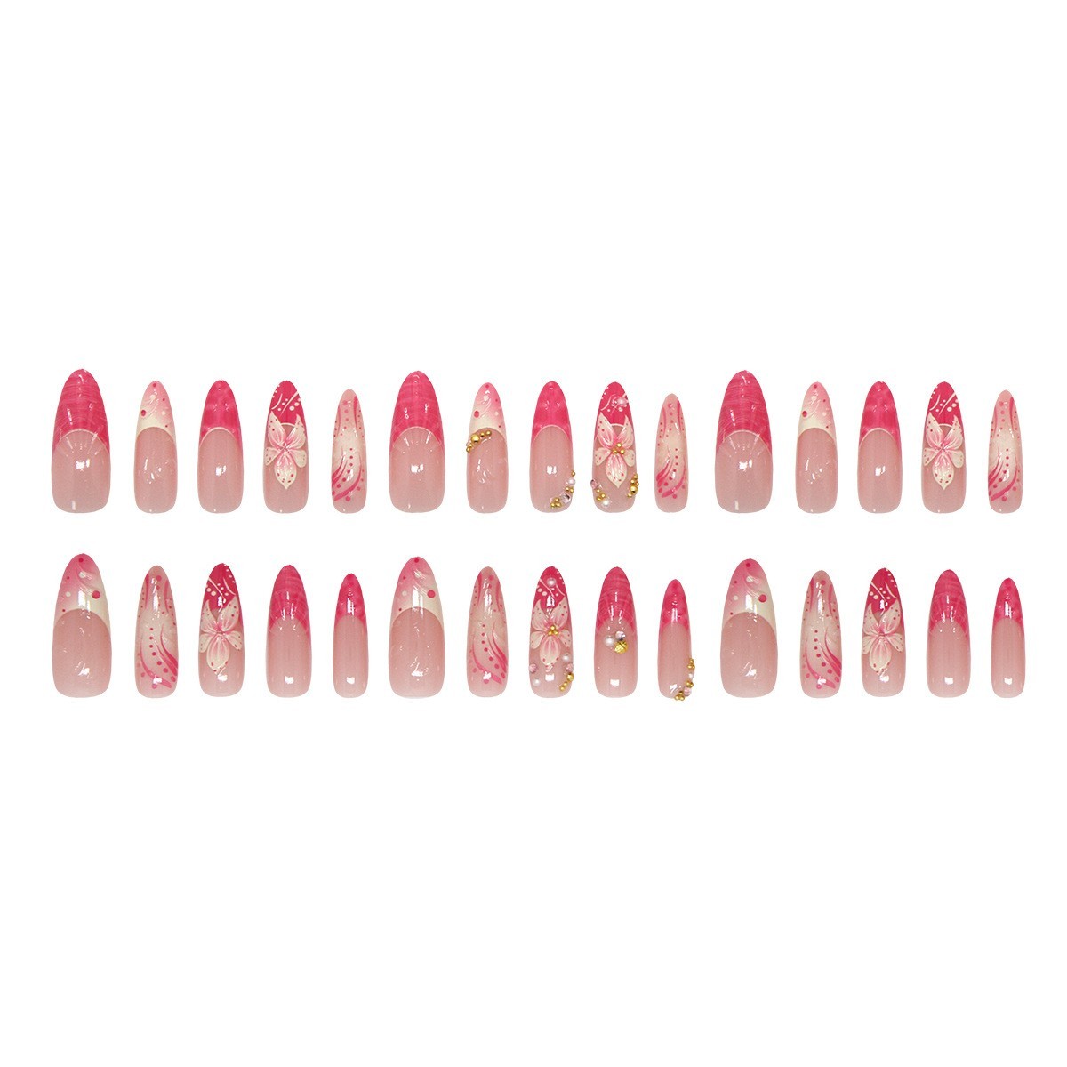30PCS For french Style Press On Nails with Pearl Rhinestone Floral Art