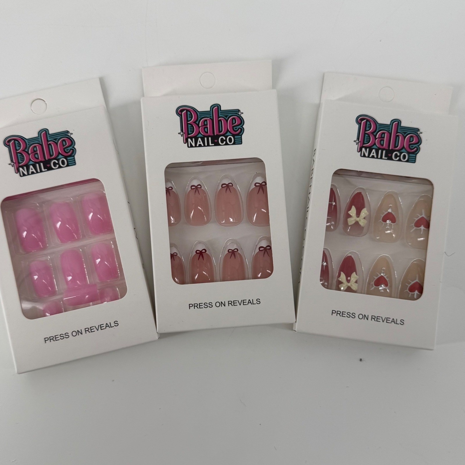 Babe Nail Co 3 pack Valentines Press On Nails Set Pink French Bow Heart Designs