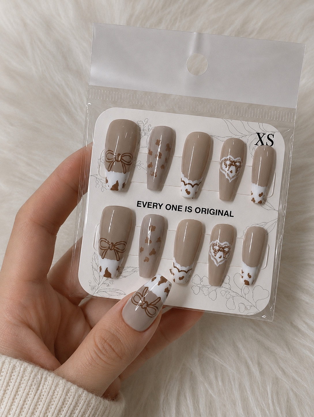 Warm Taupe Nude Coquette Bow Press-On Nails – Glossy Coffin Nails – Extra Small