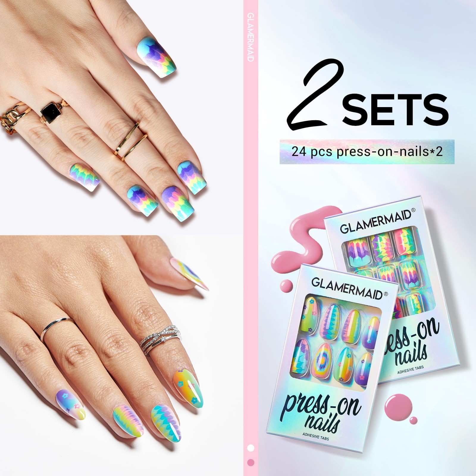 48Pcs Ombre Press on Nails Medium Almond, Tie Dye Fake Nails Short Stiletto, …