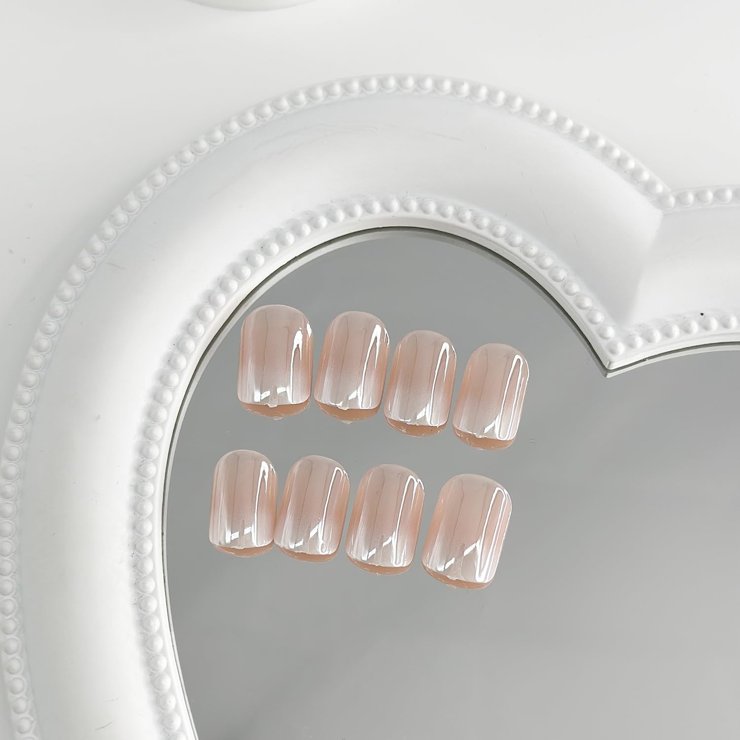 Chrome Press on Nails Short Square White Gradient Fake Nails Nude Pink S26