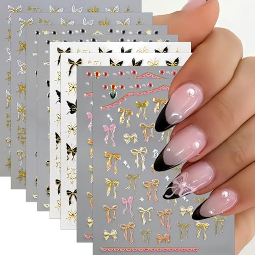 8pcs Black Gold Bow Nail Art Stickers – Colorful Bowknot Ribbon Nail bowknot