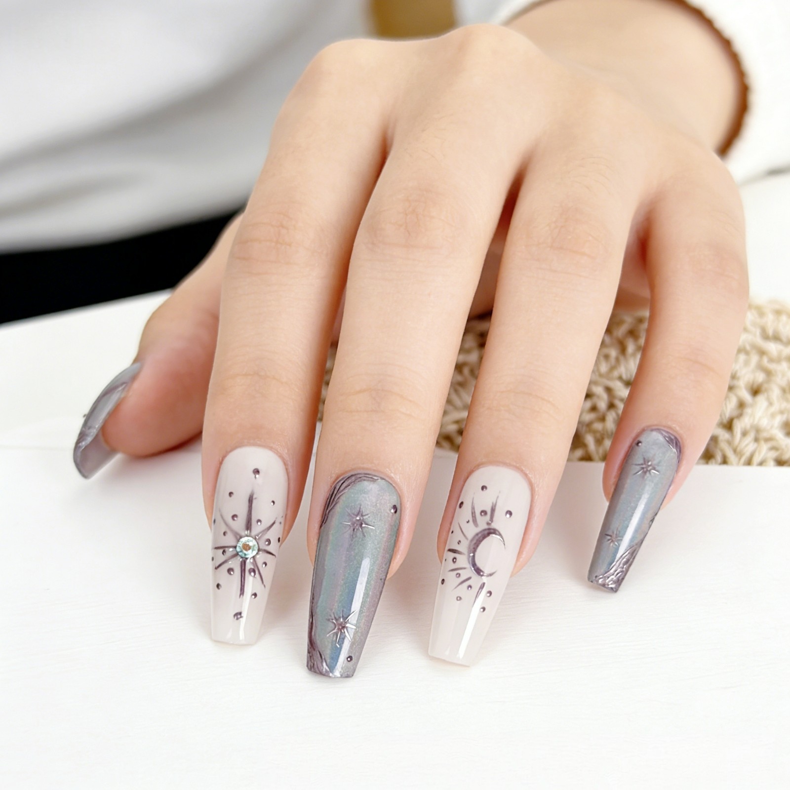 Futuristic Silver Gray Diamond Thorn Coffin Press-On Nails with Metal Details