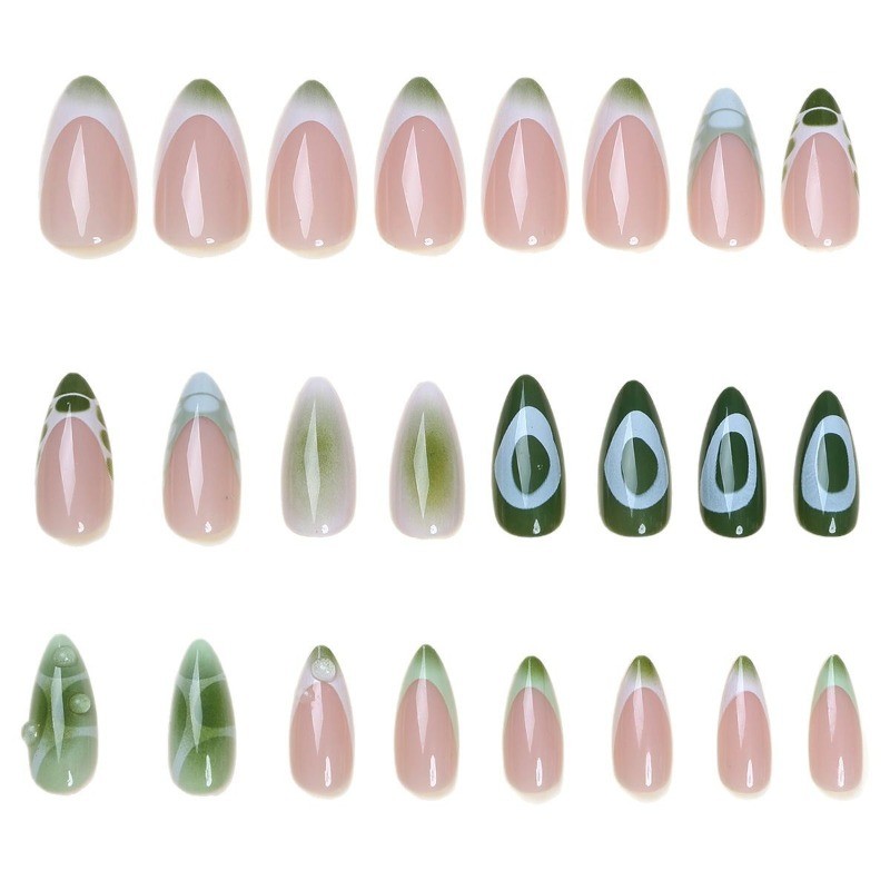48Pcs-Olive Green Geometric Line Almond Press on Nails Minimalist Daily Nails
