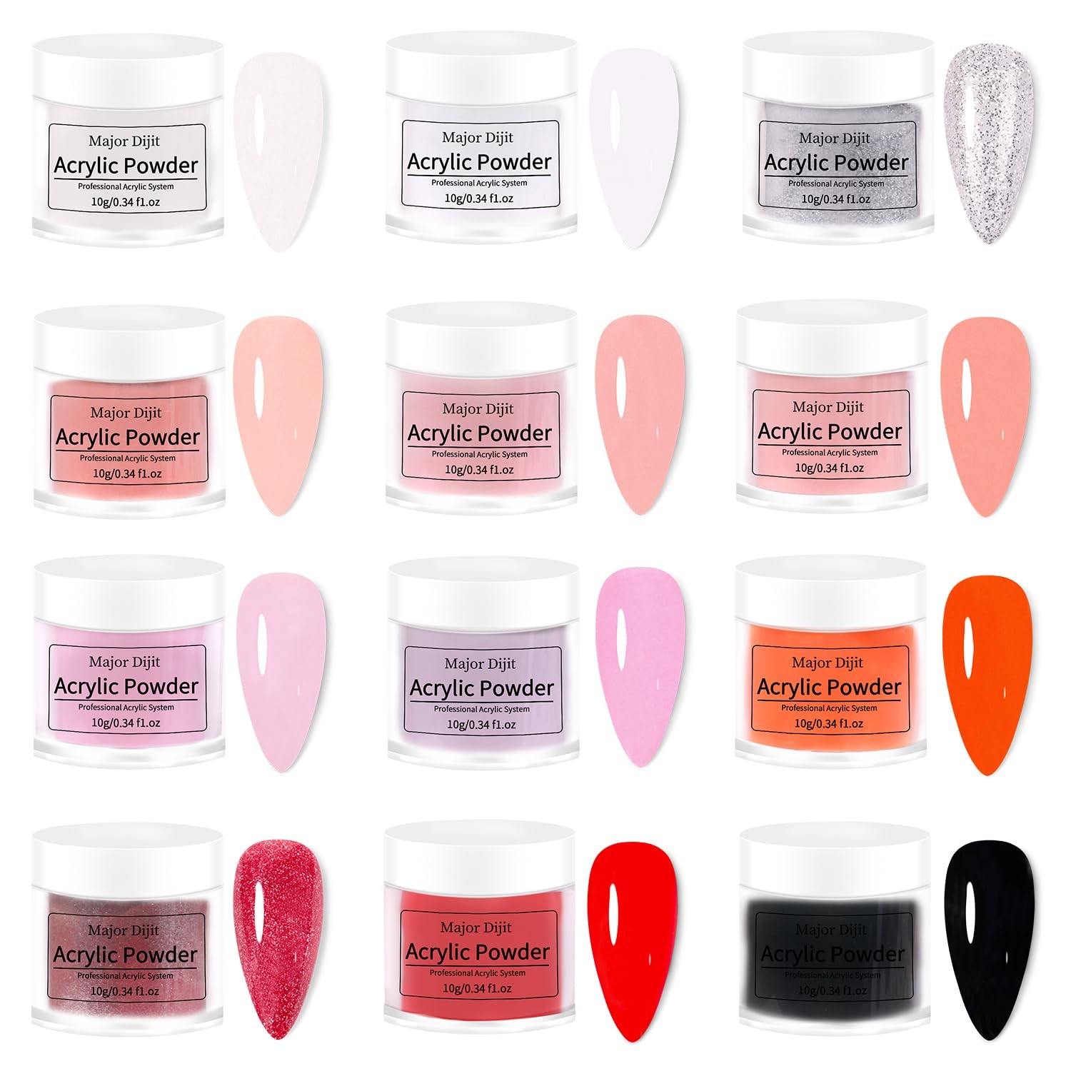 Major Dijit Complete Acrylic Nail Starter Kit with LED Lamp, 12 Colors Powder Ac