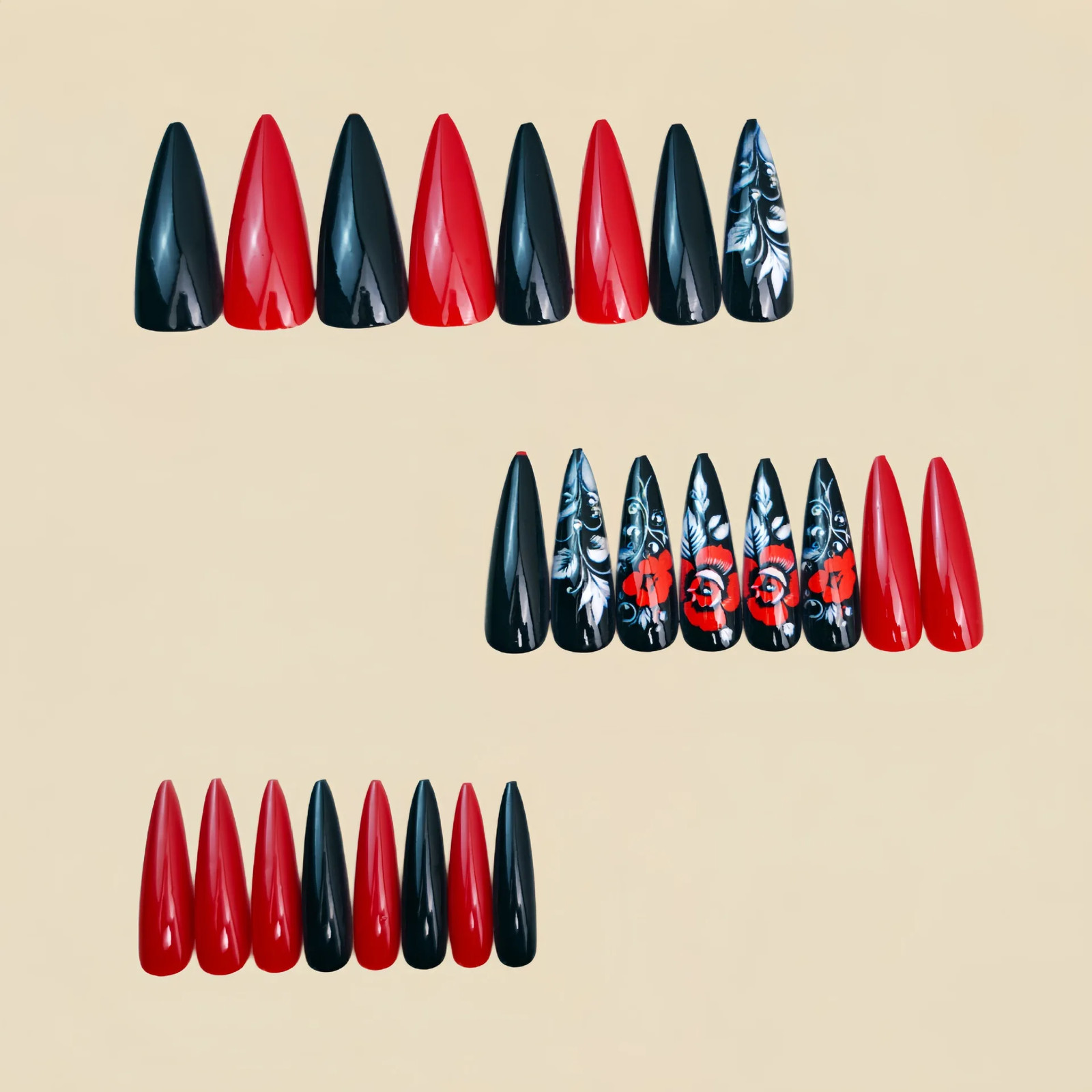 24pcs Valentine’s Day Press On Nails Gradient Red Black Cute Heart Rose French
