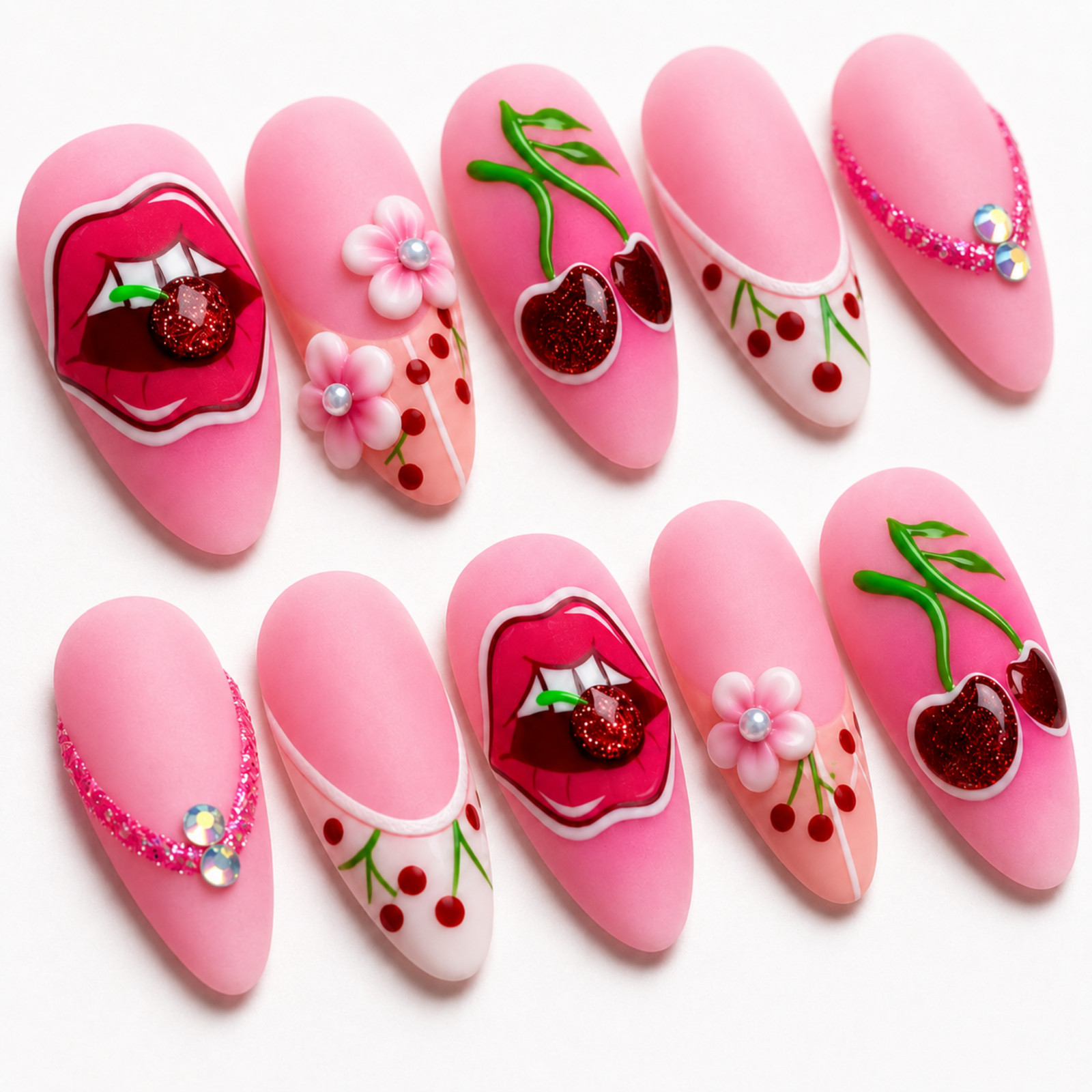 Handmade Pink Cherry Press On Nails 3D Floral Lips Rhinestone Set