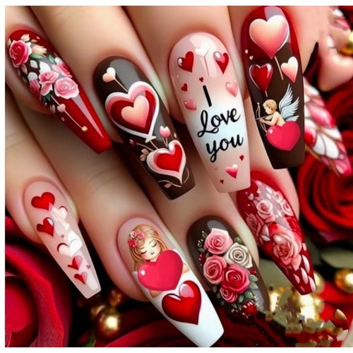 24Pc Glossy Heart Rose Press On Nails Coffin Ballerina Full Cover Reusable