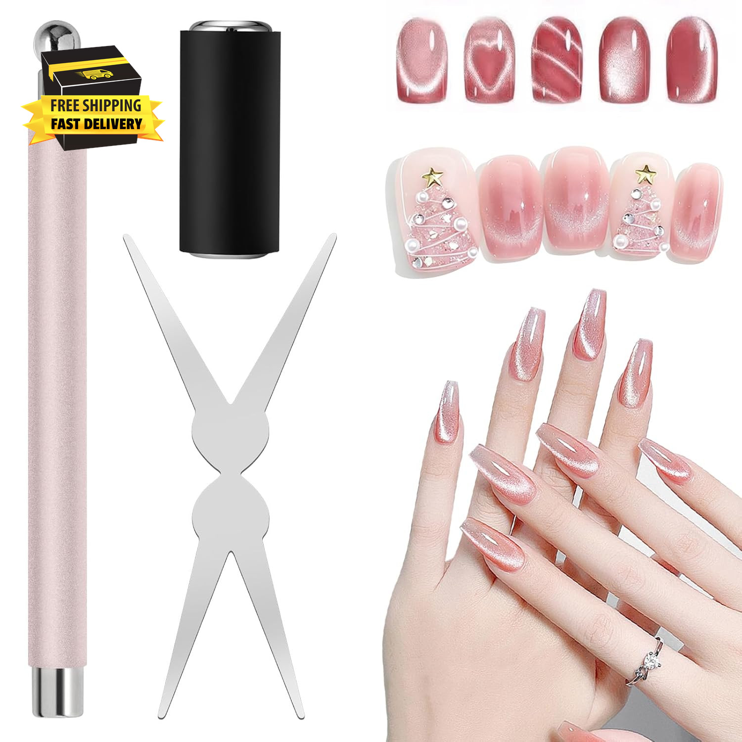 3Pcs Cat Eye Magnet for Nails – 3-In-1 Nail Art Magnet Kit with Scissor & Cylind