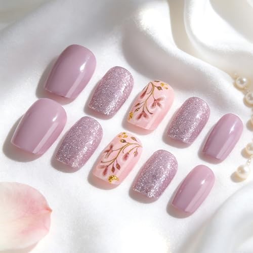 Purple Glitter Nails – Cute Flower Bud Style28 – Square Press On Nails