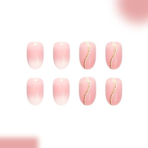 Ombre Pink Press on Nails with Gold Glitter Line Fake Nails Shimmery color31