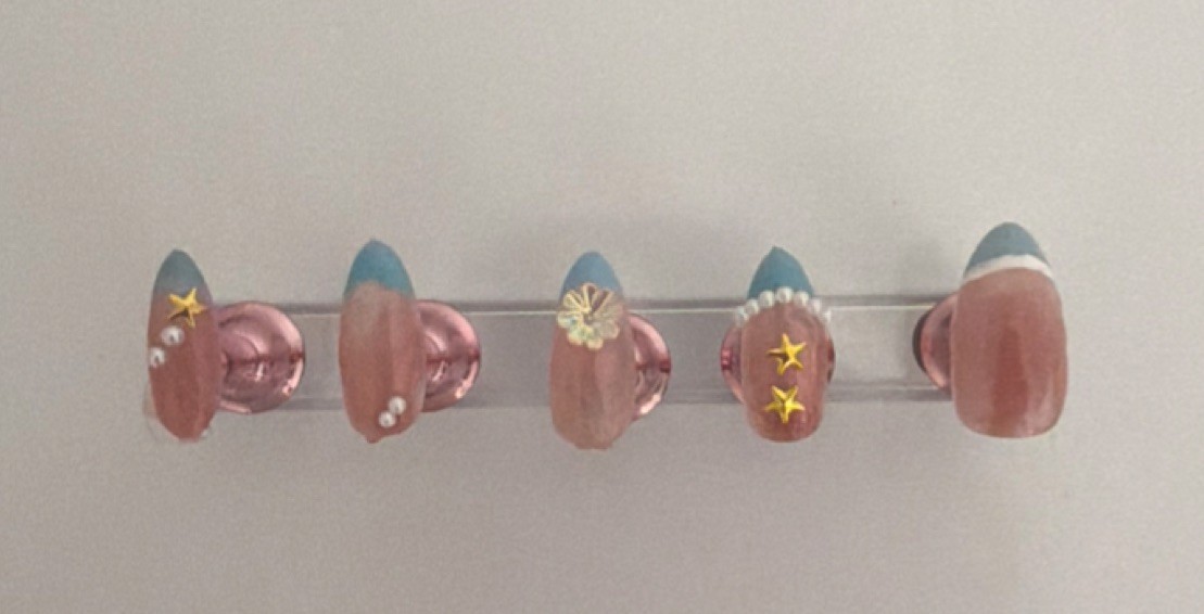 Almond Pink Blue 3D Press-On Nails Full Cover Stars Flowers Pearls