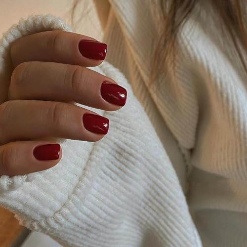Burgundy Red Press on Nails Short Square Nails Set, glossy square burgundy