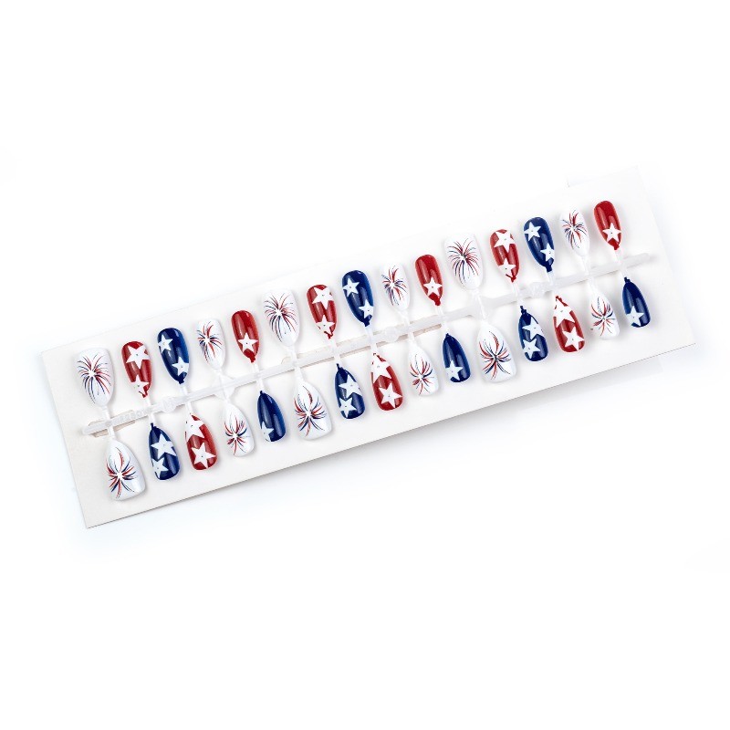 48pcs-4th of July Star Press on Nails, Almond Red White Blue with Fireworks
