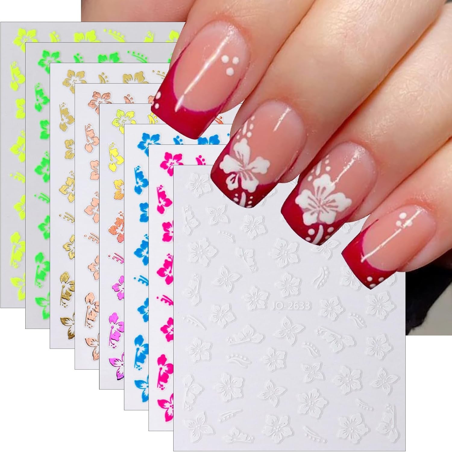 8Sheets Color Flower Nail Stickers 3D Hollow Out Hibiscus Nail colored flowers