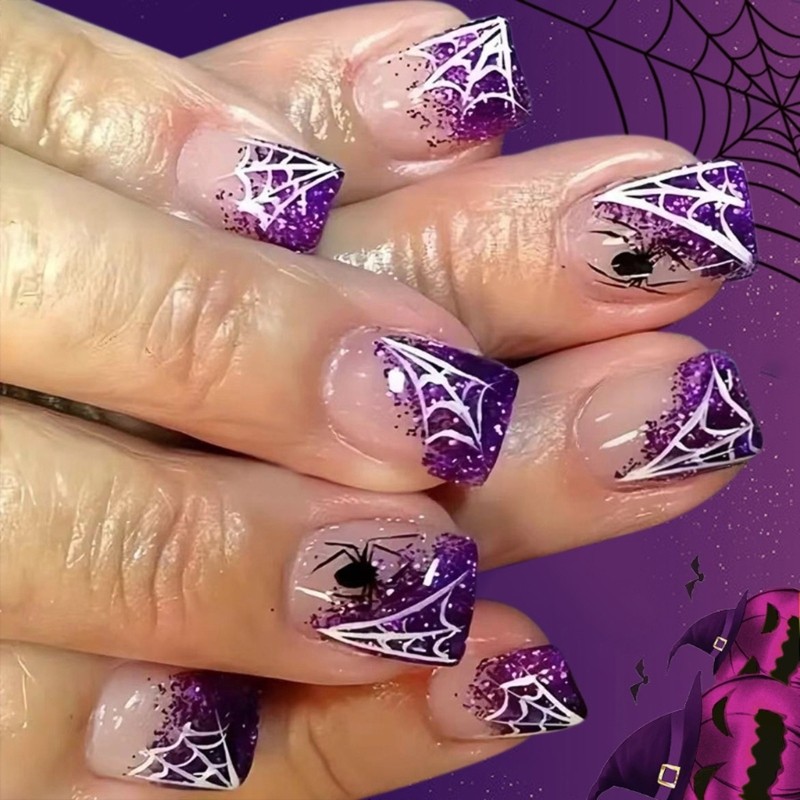 Halloween Glittering Spiderweb White False Nail With Cobweb Design ABS Plastic